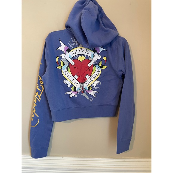 Ed Hardy Size L Free Bird Blue Cropped Graphic Hoodie Love Kills Slowly Y2k - Picture 2 of 7